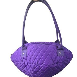 Belvah Purple Quilted Shoulder Bag Check Lining Zip Top Medium Tote Purse Casual